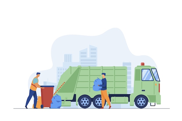 Trabajador de recolección de basura limpiando el cubo de basura en el camión. Hombre llevando basura en la ilustración de vector plano de bolsa de plástico. Servicio de la ciudad, concepto de eliminación de residuos