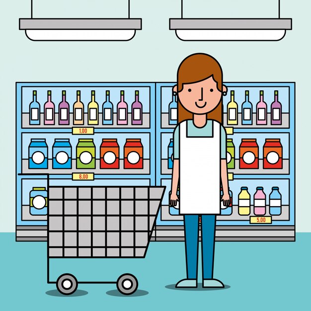Trabajadora supermercado con carrito de compras y estantes con comida
