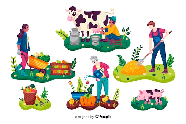 Trabajadores agrícolas con animales y verduras.