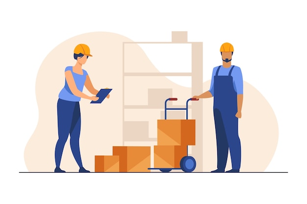 Trabajadores del almacén que llevan registros de las cajas.