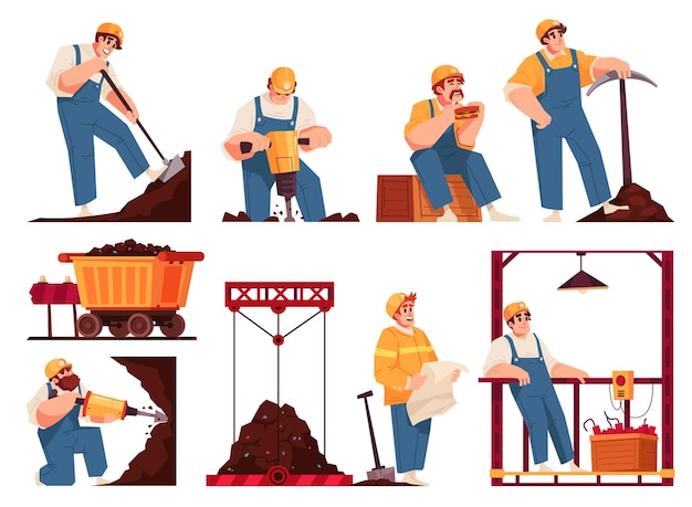 Los trabajadores de conjunto de iconos de colores y aislados mineros cavan perforan la cena y la mina ilustración vectorial