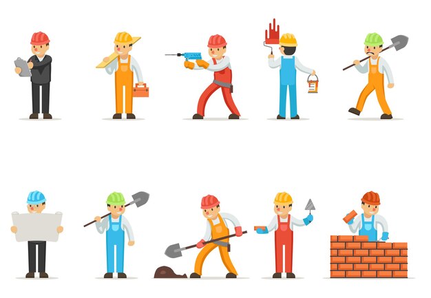 Trabajadores de la construcción o constructores profesionales. Especialista en construcción y construcción, trabajador de excavación o perforación, ilustración de albañil de trabajador de trabajo