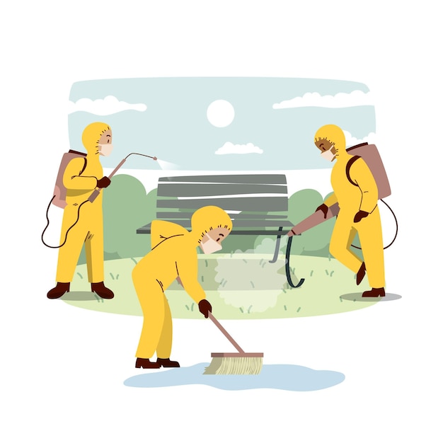 Trabajadores desinfectando espacios públicos