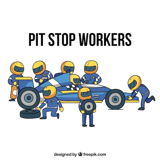 Trabajadores de fórmula 1 en el pit stop dibujados a mano