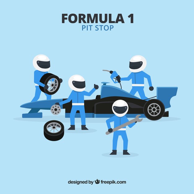 Trabajadores de fórmula 1 en el pit stop con diseño plano
