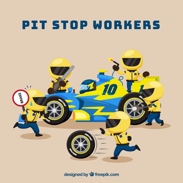 Trabajadores de fórmula 1 en el pit stop con diseño plano