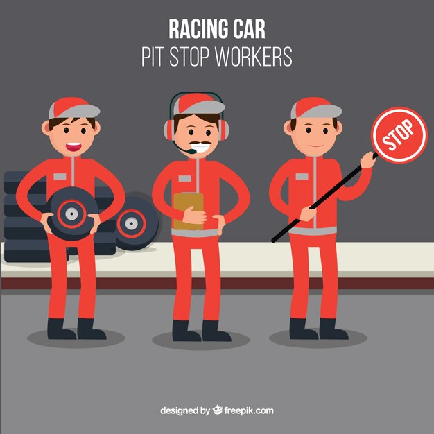 Trabajadores de fórmula 1 en el pit stop con diseño plano