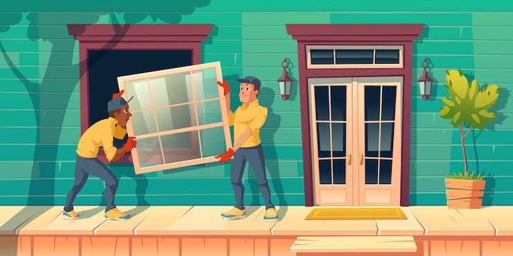 Vector gratuito los trabajadores instalan la ventana de vidrio en la casa