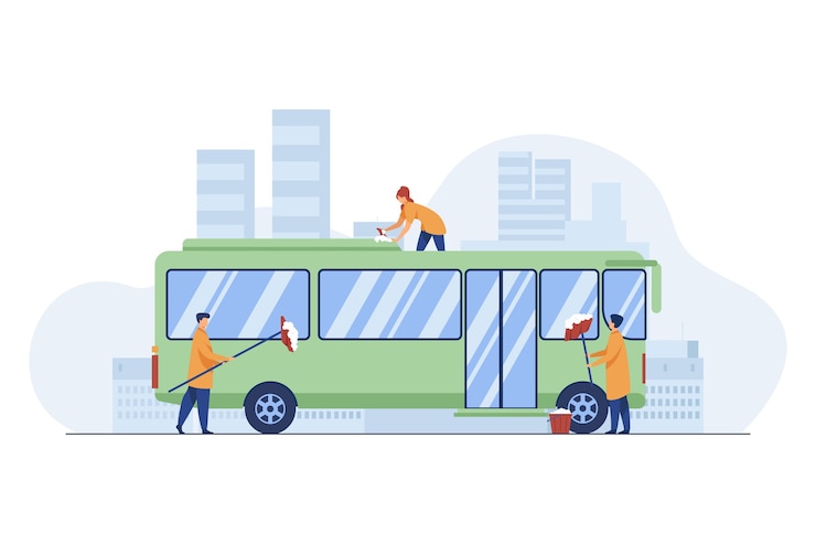 Vector gratuito trabajadores de limpieza y lavado de autobuses. vehículo, detergente, trabajo ilustración vectorial plana. servicio y transporte publico