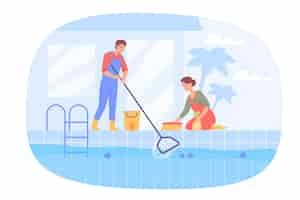 Vector gratuito trabajadores masculinos y femeninos limpiando piscina