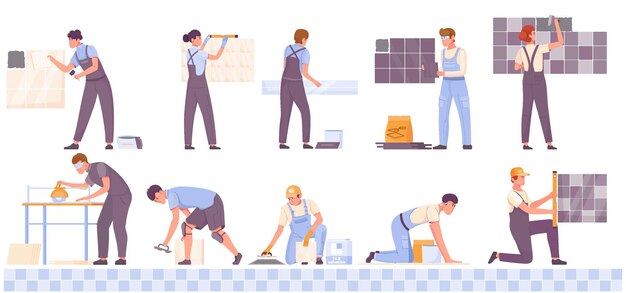 Trabajadores masculinos y femeninos que realizan trabajos de mosaico que colocan baldosas de cerámica en un conjunto plano aislado ilustración vectorial