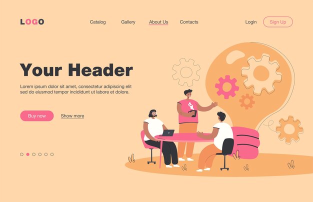 Trabajadores de oficina creativos discutiendo ideas en la página de destino plana aislada del equipo ... Gente de dibujos animados sentados en el escritorio, reunión, intercambio de ideas y coworking. Concepto de negocio, cooperación y trabajo en equipo