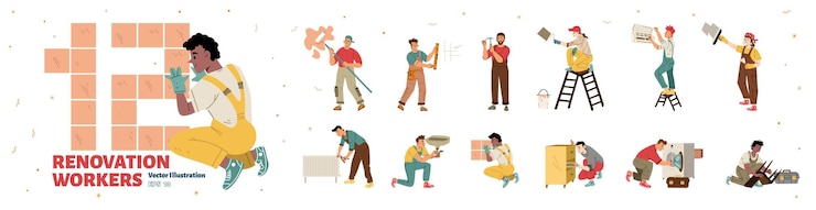 Vector gratuito trabajadores de renovación, reparadores, fontaneros y pintores