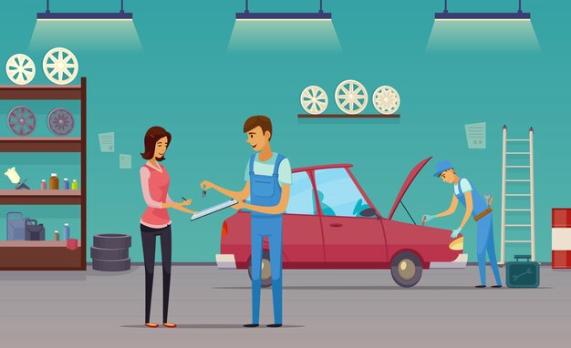 Trabajadores de servicio de taller de reparación automática que arreglan el automóvil y facturan la composición interior de la historieta retro