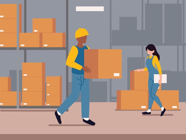 trabajo en almacén, trabajadores y paquetes