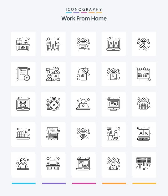 Trabajo creativo desde casa 25 paquete de iconos de contorno como comunicación web escritorio de oficina comunicación en línea