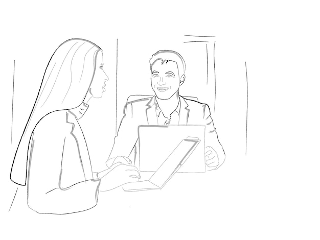 Vector gratuito trabajo en equipo hombre trabajando en la oficina con una mujer guión gráfico vectorial conferencias de negocios