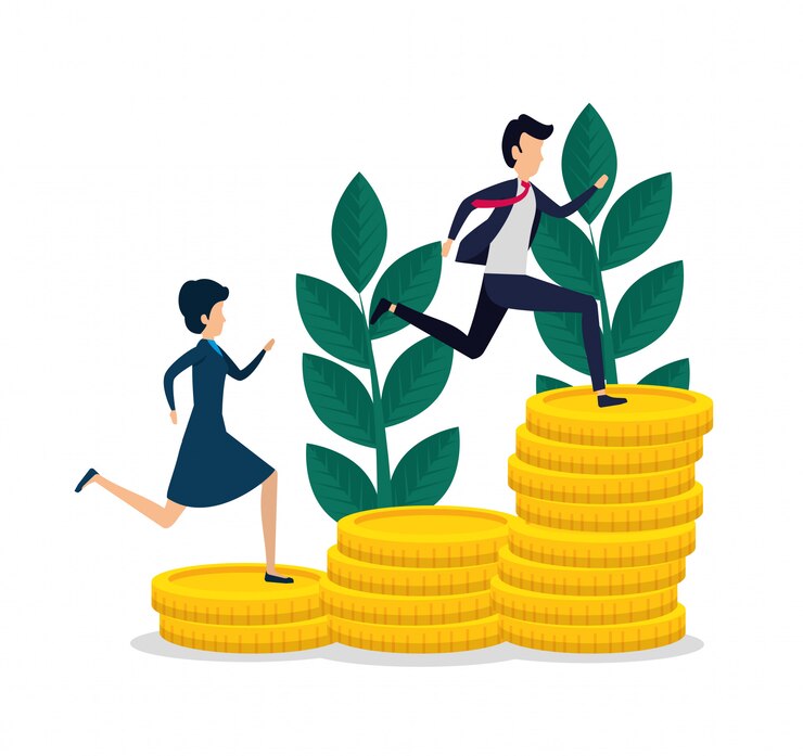 Vector gratuito trabajo en equipo de hombres y mujeres con monedas y plantas.