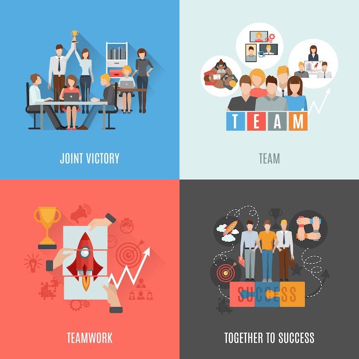 Vector gratuito trabajo en equipo iconos planos composición cuadrada
