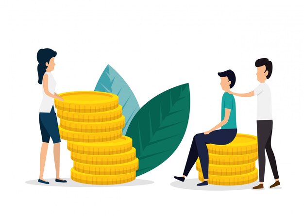 Trabajo en equipo de mujer y hombre con monedas y hojas