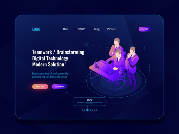 Trabajo en equipo y reunión colectiva, flujo de trabajo de oficina, concepto isométrico de intercambio de ideas, revisión de código