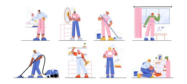 Trabajo en equipo de servicio de limpieza en casa