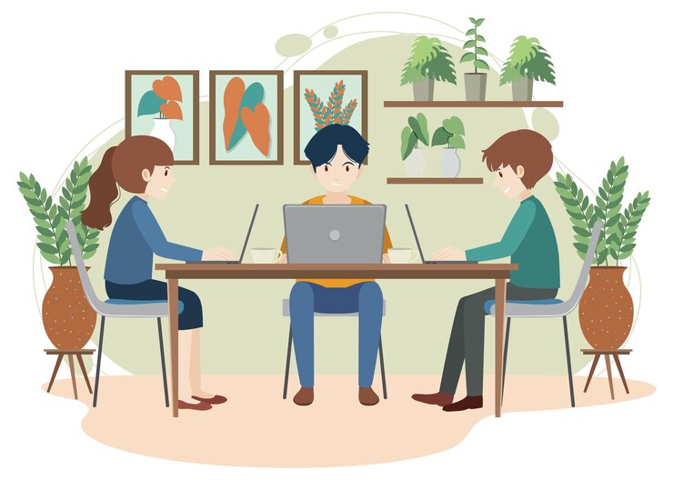 Vector gratuito trabajo en equipo trabajando con diseño plano portátil en la oficina