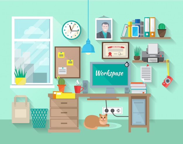 Trabajo de estudiante o empresario en habitación.