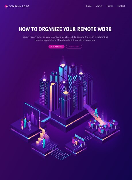 Trabajo remoto aterrizaje isométrico, outsourcing global
