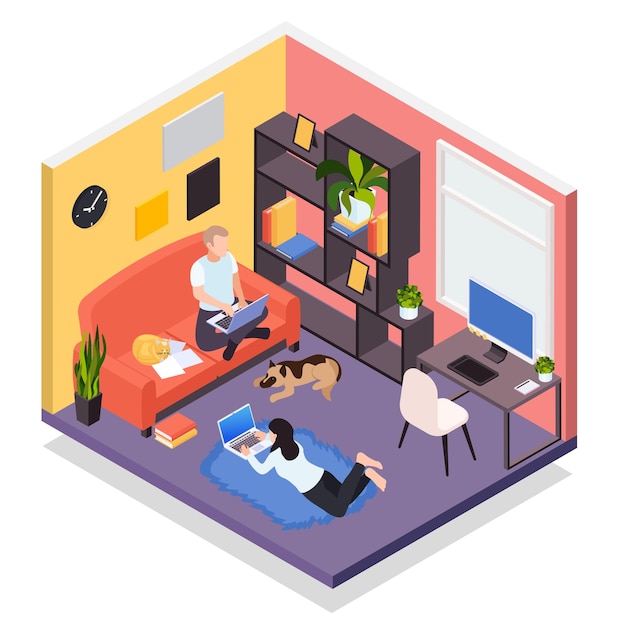 Trabajo remoto desde casa ilustración isométrica