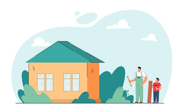 Trabajos de reparación y construcción de padre e hijo. Hombre y niño sosteniendo herramientas fijas, parados cerca de la ilustración de vector plano de la casa familiar. Concepto de renovación para banner, diseño de sitio web o página web de inicio