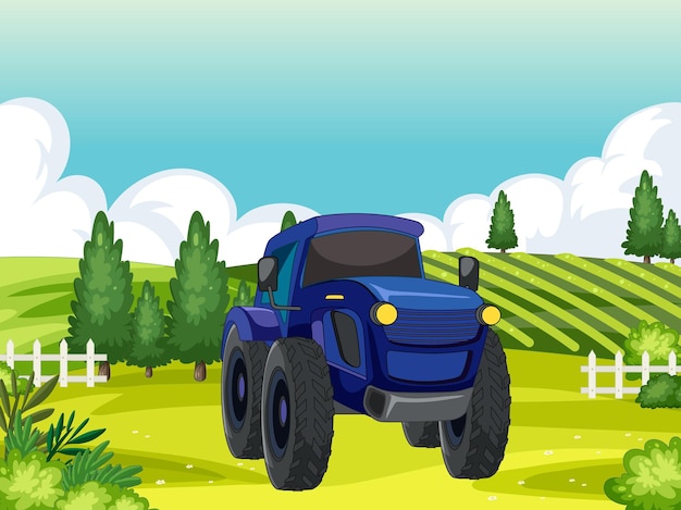 Tractor azul en el campo soleado