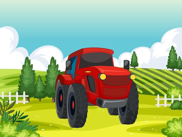 Tractor rojo en campo soleado