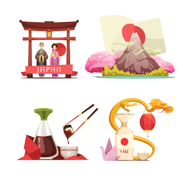 Vector gratuito tradiciones de la cultura japonesa para viajeros 4 composición de dibujos animados retro cuadrados con sushi y sake iso