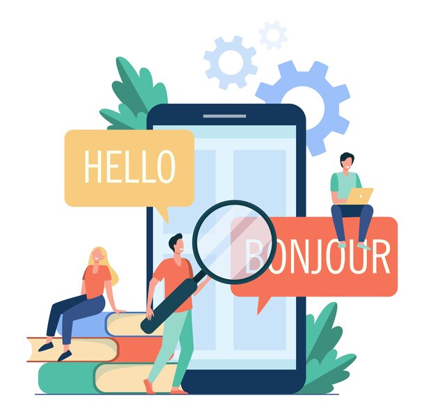 Traducción de la aplicación en el teléfono móvil. Personas que utilizan el servicio de traducción en línea, traduciendo del inglés al francés. Ilustración de vector de aprendizaje de idiomas extranjeros, servicio en línea, concepto de comunicación