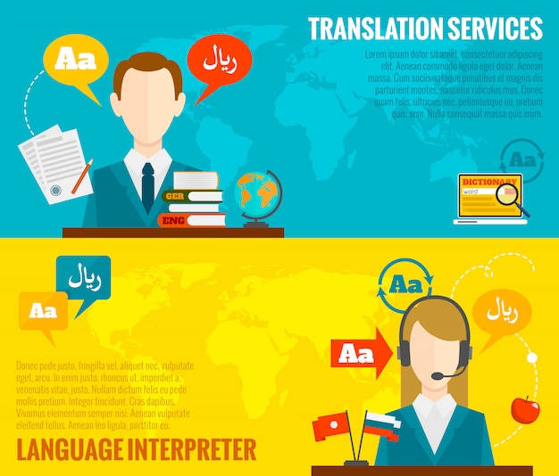 Vector gratuito traducción y diccionario de banners set flat