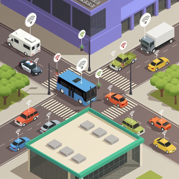 Tráfico de ciudad inteligente isométrico