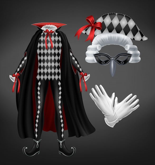 Traje de arlequín con capa, peluca almidonada, máscara y guantes blancos aislados sobre fondo negro.