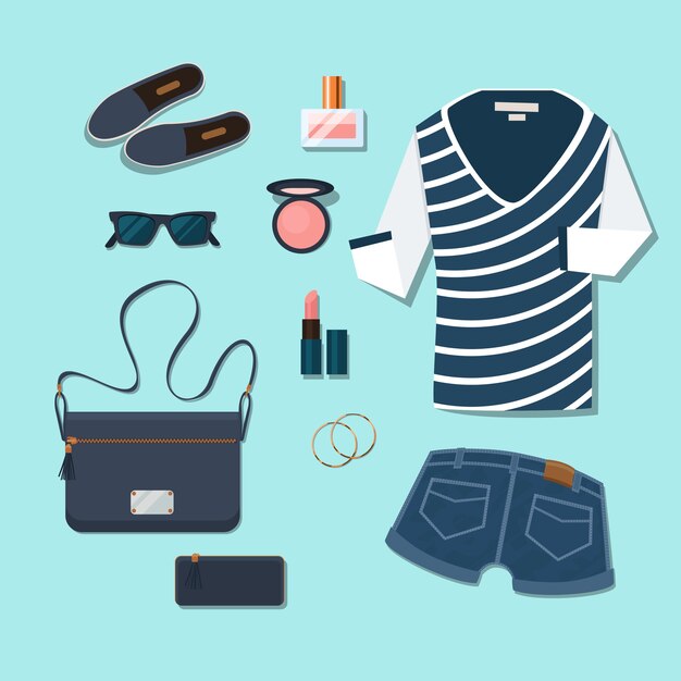 Traje casual de mujer joven. Gumshoes y complementos, gafas y perfumes, carteras y cosméticos, pendientes y shorts.