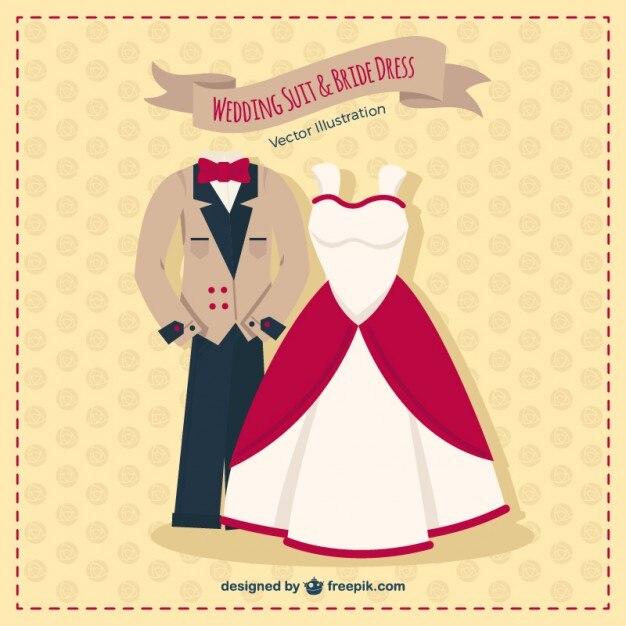 Traje de chaqueta de boda y vestido de la novia 