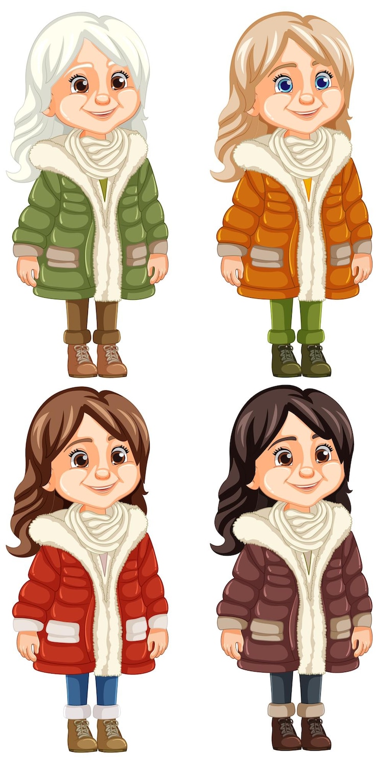 Vector gratuito traje de invierno para mujer con gorro y chaqueta de piel parka