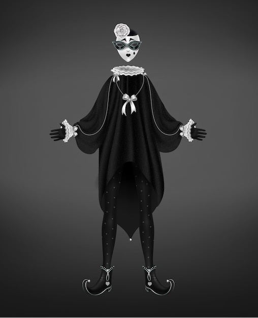 Traje de Pierrot, carácter italiano de la comedia del arte aislado en fondo negro.