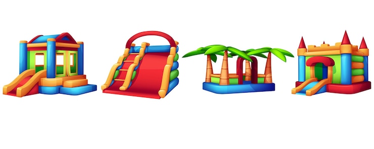 Vector gratuito trampolines inflables de dibujos animados y toboganes para juegos infantiles