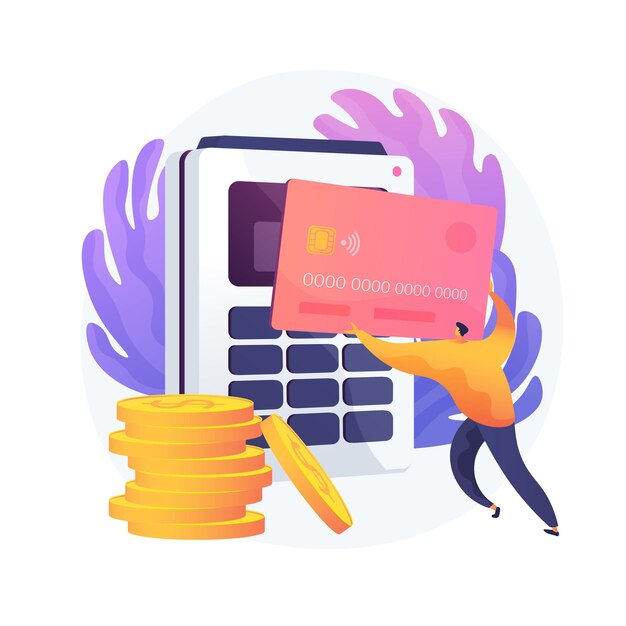 Transacciones financieras, operaciones monetarias. Opciones de pago, efectivo y sin efectivo, pago sin contacto. Elemento de diseño de idea de compras con tarjeta de crédito.