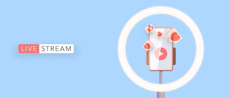 Vector gratuito transmisión en vivo en estilo realista con teléfono en trípode bombilla iconos sociales ilustración vectorial