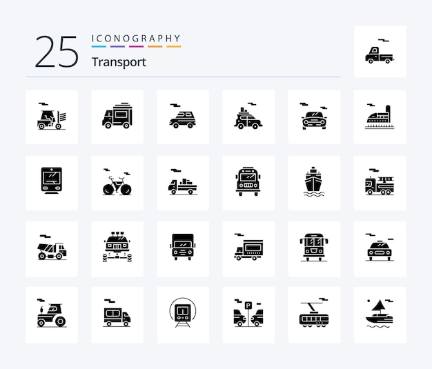 Vector gratuito transporte 25 paquete de íconos de glifos sólidos que incluye transporte de viajes, transporte de automóviles, transporte de trenes