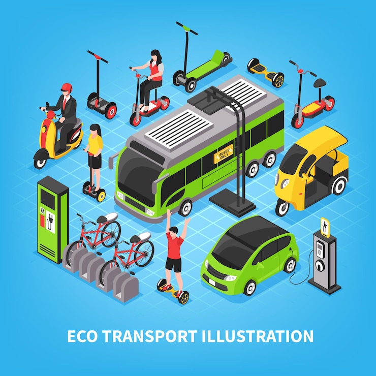 Vector gratuito transporte ecológico isométrico con autobuses urbanos, coches eléctricos, estacionamiento de bicicletas, personas que viajan en gyro y scooter