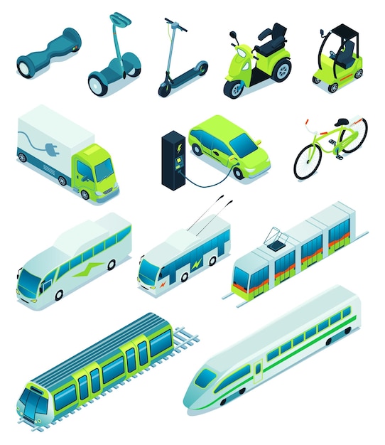 Vector gratuito transporte eléctrico isométrico, icono de vehículo ecológico con bicicleta, scooter, coche, scooter, trolebús, tren de alta velocidad, por ejemplo, ilustración vectorial