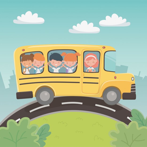 Transporte escolar en autobús con grupo de niños en el paisaje.