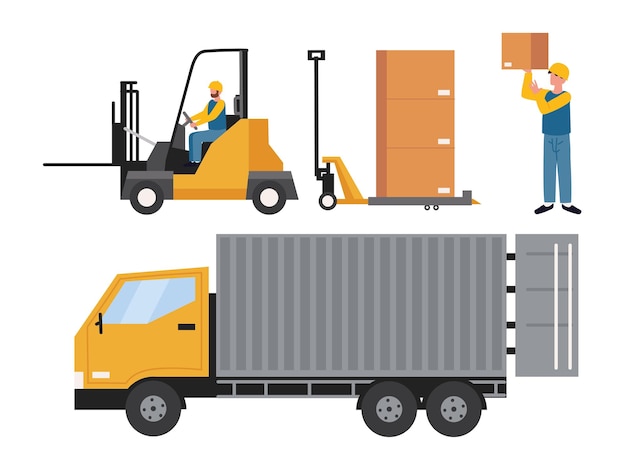 Vector gratuito transporte logístico de almacén, iconos de trabajadores
